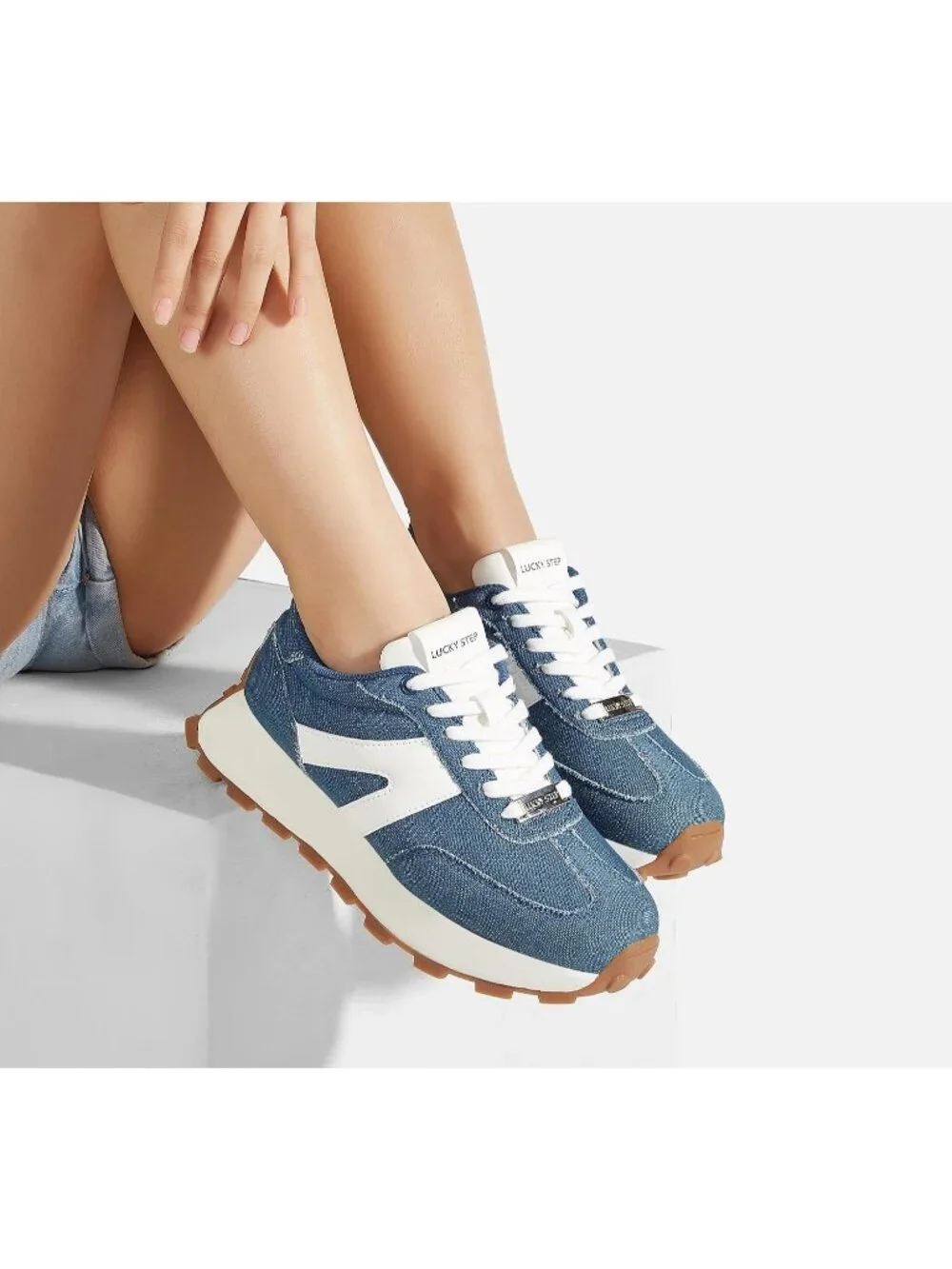 Women's Denim Blue Retro Classic Stylish Lace Up Tennis Running Walking Sneaker